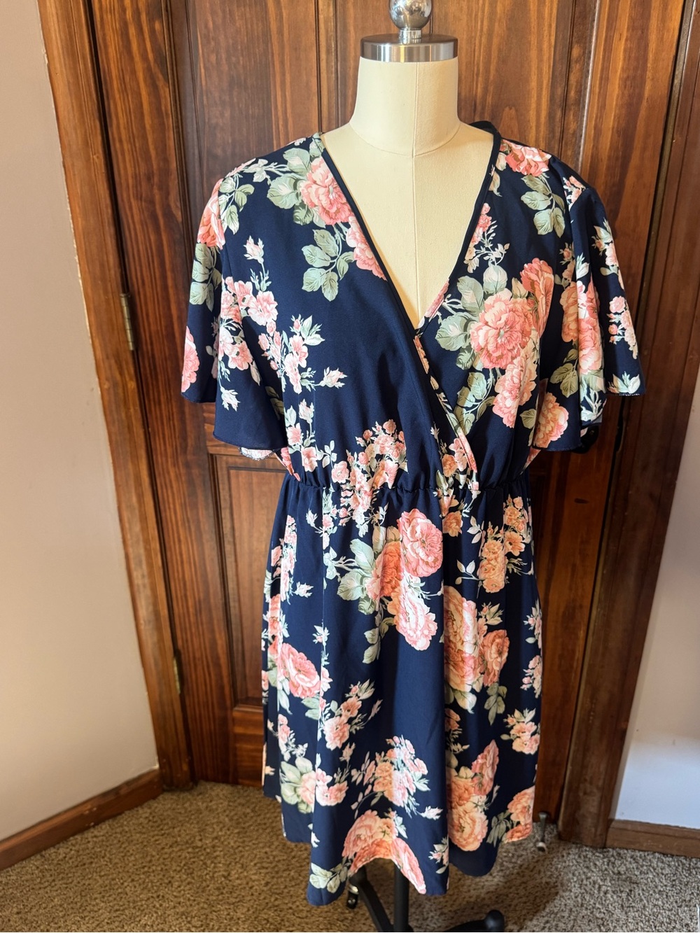 Women's Navy Floral Dress with Pink Roses